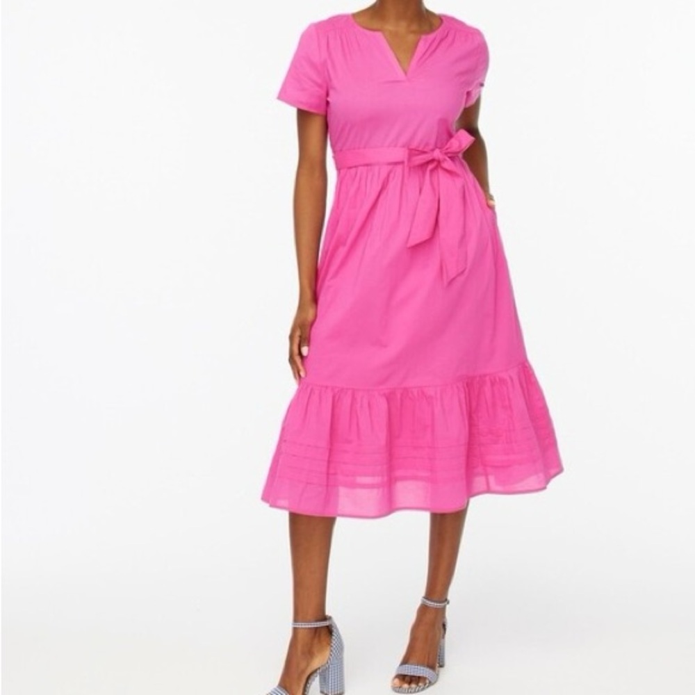 J. Crew Dress Size 6 Pink Cotton Short Sleeve A-line Midi with Belt Tie